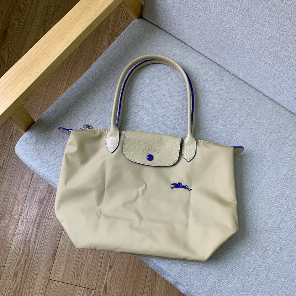 Longchamp Beige Tote with Blue Trim